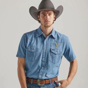 Wrangler Yellow Stone Blue Casual Denim Shirt Size Large NWT